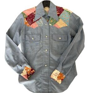 Vintage Patchwork Print Pearl-snap Western Shirt